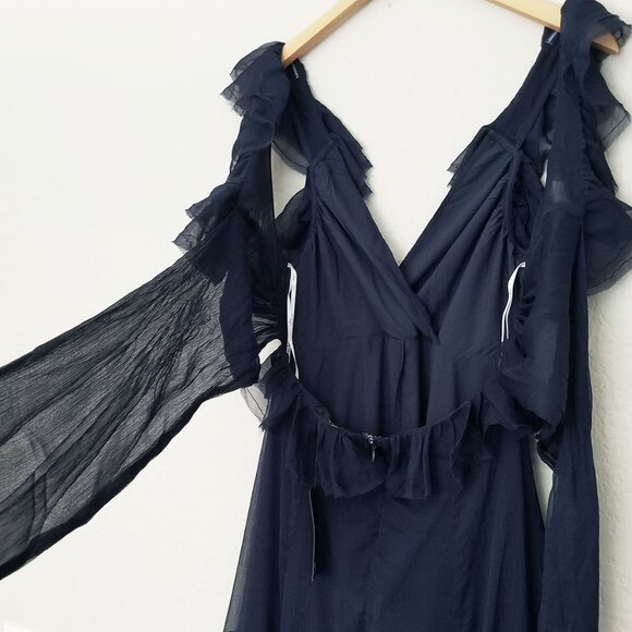 NEW Lulus Navy Blue Ruffled Tie-Back Maxi Dress S Gown Chiffon Fairy Romantic - Picture 8 of 16